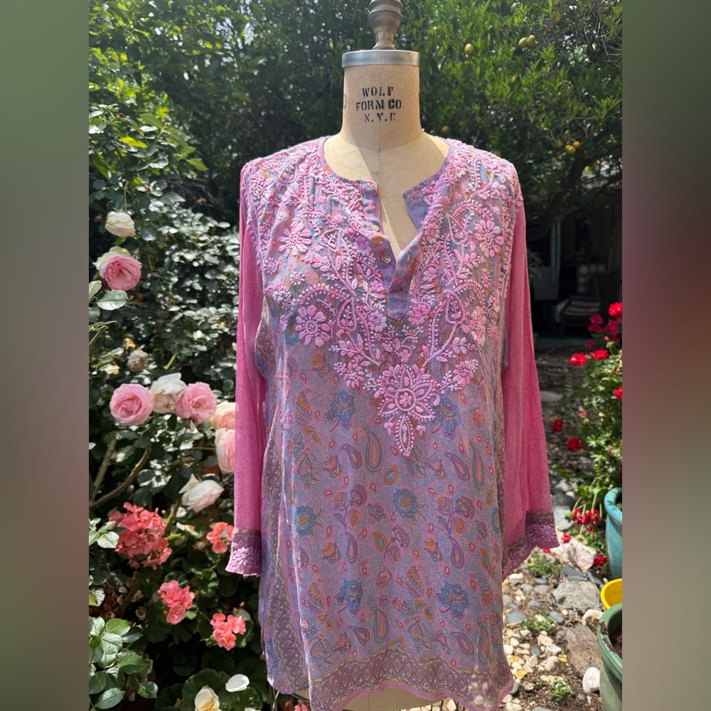 Pink & blue paisley tunic top, heavily embroidered Boho beach casual sz44